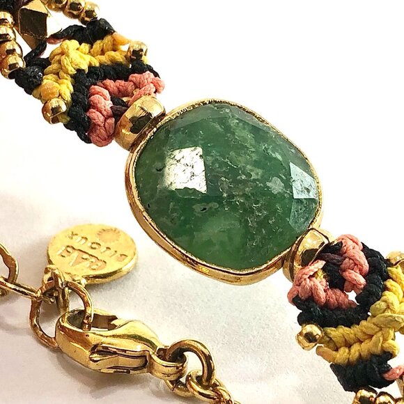 Gas Bijoux chain bracelet gold tone macrame with bezel set faceted green stone - Picture 3 of 11